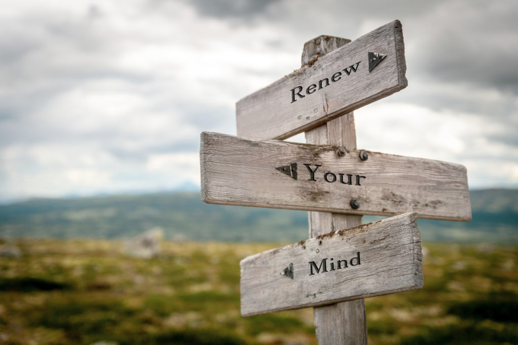 renew your mind text engraved on old wooden signpost outdoors in nature. Quotes, words and illustration concept.