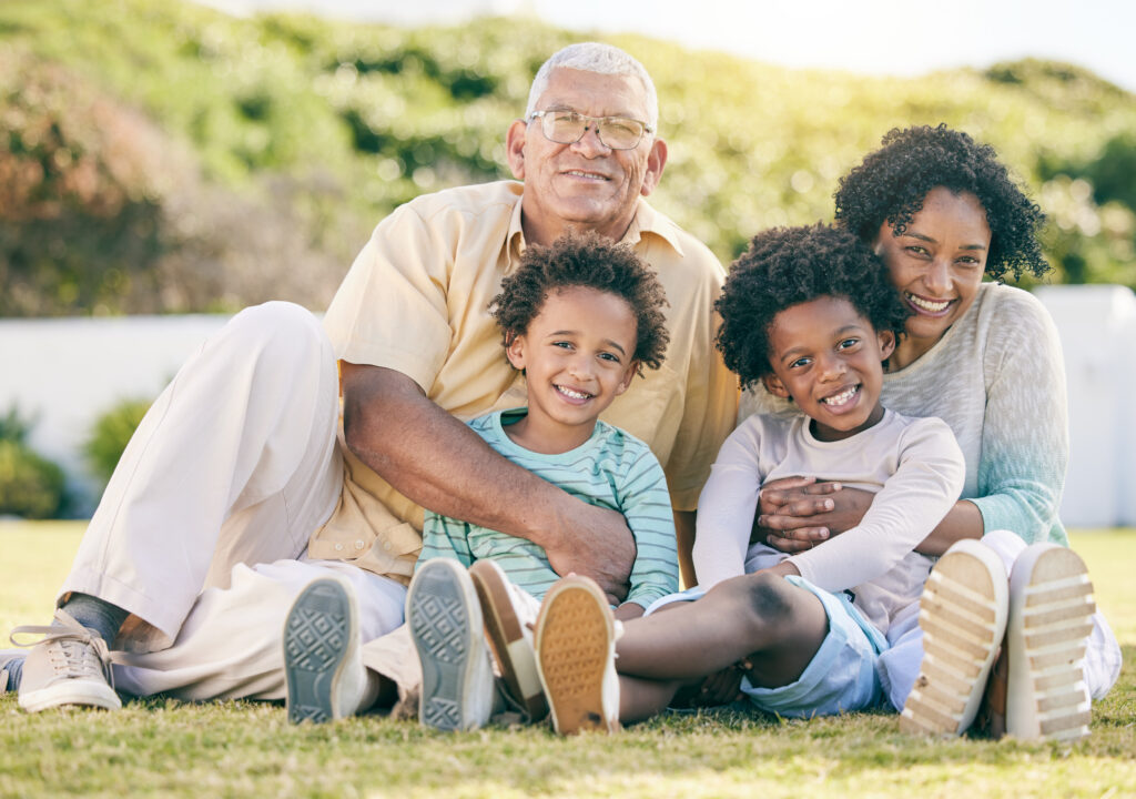 Smile, garden and portrait of children with grandparents enjoy holiday, summer vacation and weekend. Black family, happy and grandpa, grandmother and kids on grass for quality time, relax and bonding.